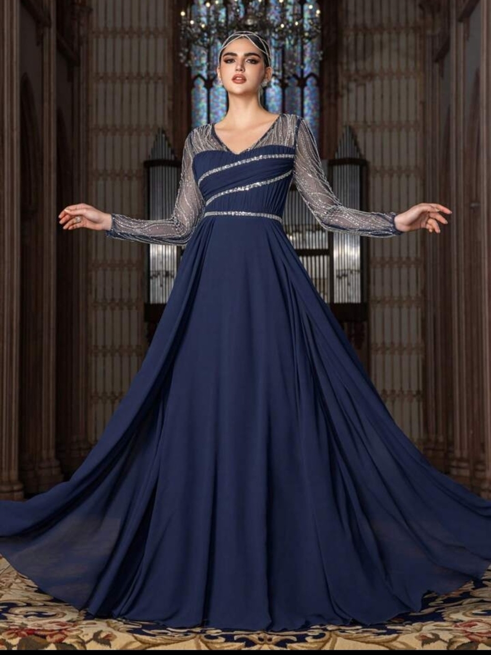 Faeriesty Navy Long Sleeve Evening Gown ✨ Beaded Sheer Sleeves | Formal Weddding